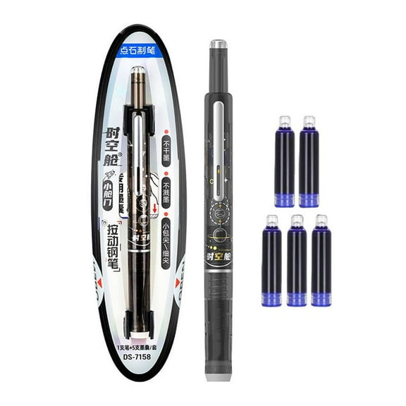 Portable Retractable Fountain Penble, Blue&black Ink Barrel Includes 5 Refillable Ink Cartridges, Medium Nib Barrel for Smooth Writing No Leaking, InkBlue