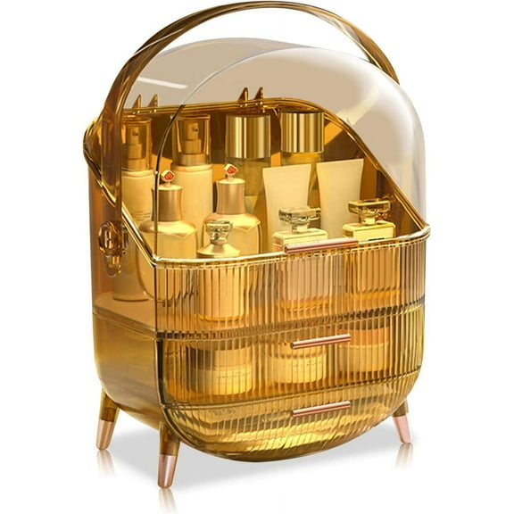 Portable Retro Series Multi-Function Make Up Case Dustproof Cosmetic Storage Box,Cosmetics Skin Care Products Jewelry Organizer Case Finishing Box Bathroom Desktop -Amber (X-1)