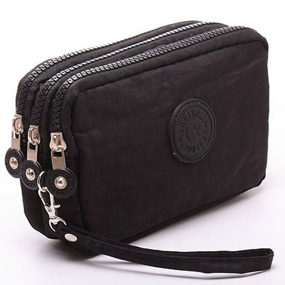 Portable Retro Solid Color Simple Cosmetic Bags Fabric Phone Purse Korean Style Wallets Wrinkle Clutch Bag Women Wallets Three Zippers Bags BLACK