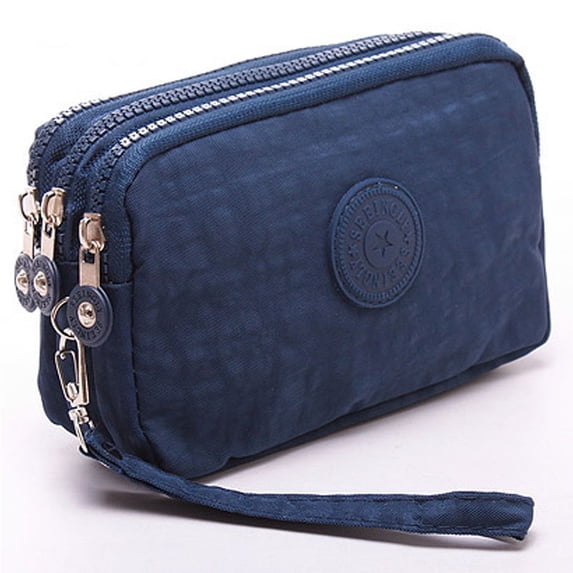 Portable Retro Solid Color Simple Cosmetic Bags Fabric Phone Purse Korean Style Wallets Wrinkle Clutch Bag Women Wallets Three Zippers Bags NAVY BLUE