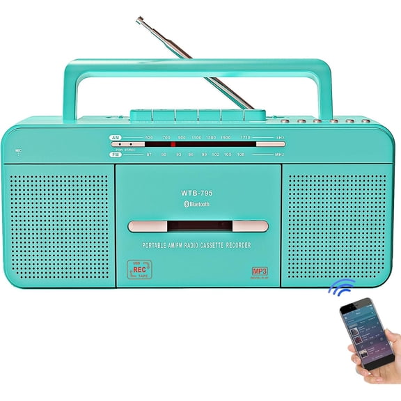 Portable Retro Stylish Cassette Player Recorder Boombox with ,USB,AM/FM Radio,Tape Player/Recording,USB Playback/Recording,Cassette to MP3 Converter,Earphone Jack, (Teal)