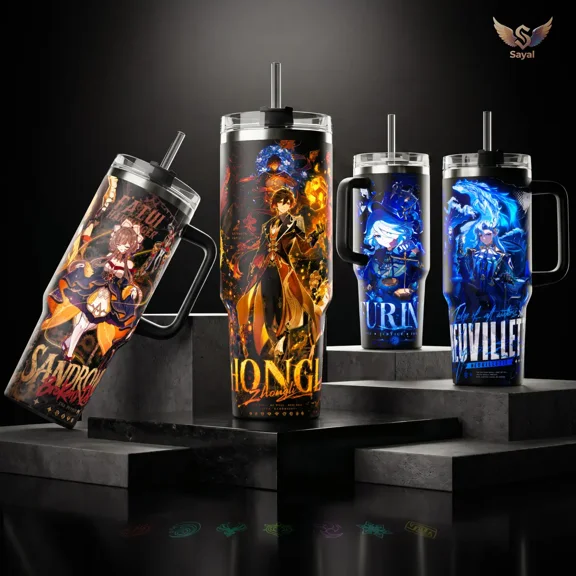 Portable Reusable Double Wall Stainless Steel Insulated Tumbler - Leak-Proof, 20/40oz, Tumbler Shape, with Handle & Straw, Blue Anime Theme Water Bottle for Genshin Impact Fans