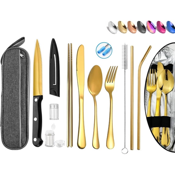 Portable Reusable Travel Utensils Silverware with Case,Travel Camping Cutlery set,Chopsticks and Straw, Flatware Cutlery Set with Case, Stainless steel Travel Utensil set Top (Gold)