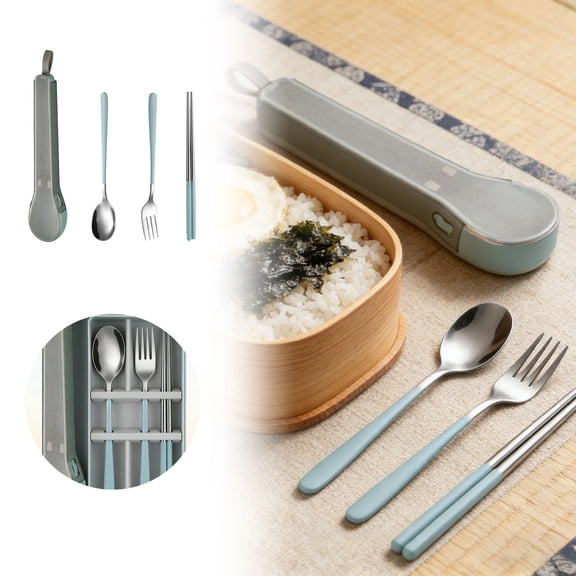 Portable Reusable Utensil Set with Travel Case, 4-Piece Stainless Steel Cutlery Kit (Spoon, Fork, Chopsticks) for Lunch, Travel, Office & Outdoor Use (Light Blue)