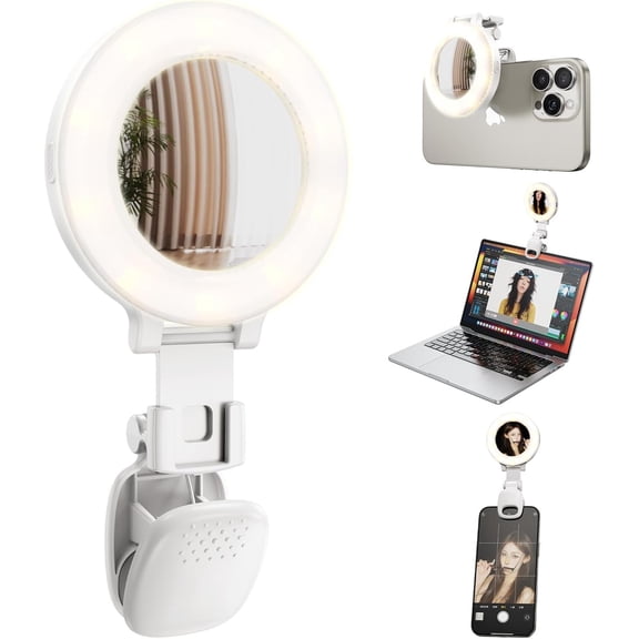 Portable Ring Light for Phone with Mirror, Foldable Clip- Selfie Light for , Webcam, Vlog, , 3 Colors & 9 Brightness, Rechargeable LED Light for Video Recording and Makeup