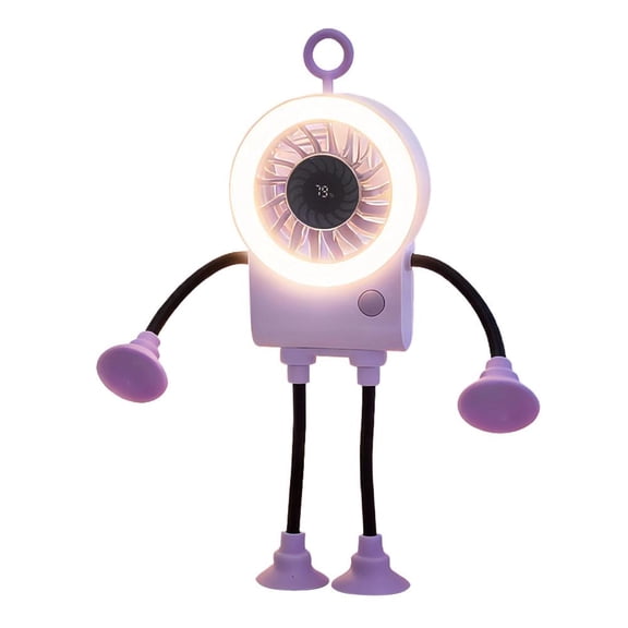Portable Robot Fan with Digital Battery Display, 5-Speed Personal Handheld & Desk Fan with Phone Stand, Flexible Suction Cup Arms & Ring Light