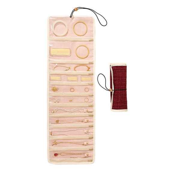 Portable Roll-Up Jewelry Organizer with Elastic Pull Rope, Multiple Compartments & Clear Window, Ideal Storage Gift for Women,Red