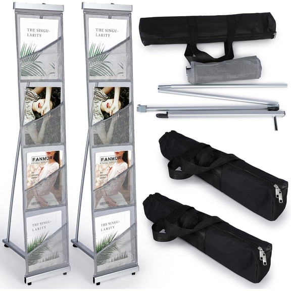Portable Roll-up Mesh Magazine Rack with 4 Pockets, Foldable Floor Standing Display with Carry Bag for Office Trade Show Exhibition