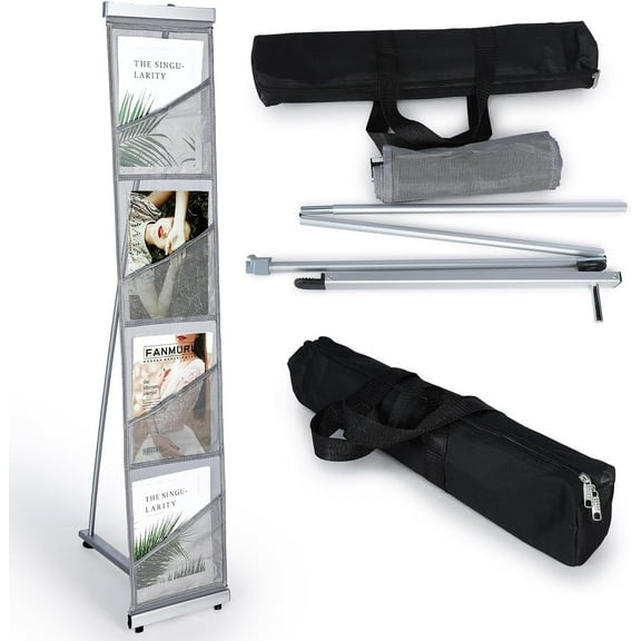 Portable Roll-up Mesh Magazine Rack with 4 Pockets, Foldable Floor Standing Display with Carry Bag for Office Trade Show Exhibition