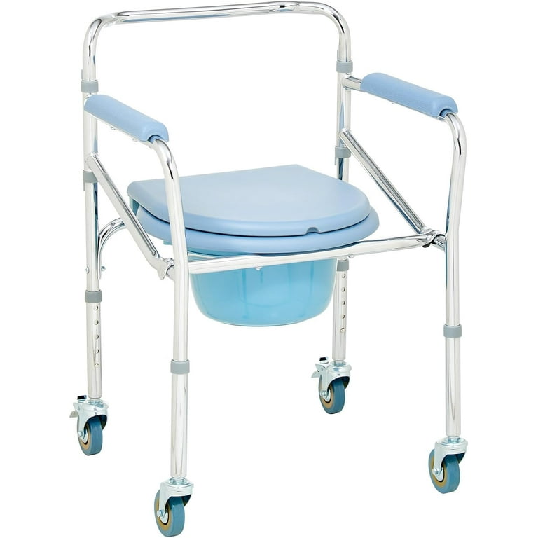 Portable Rollator Commode Chair with Dual Brakes Indoor Toilet Chair Mobility Aid for Elderly Disabled Safe Comfortable Bathroom Support Weight