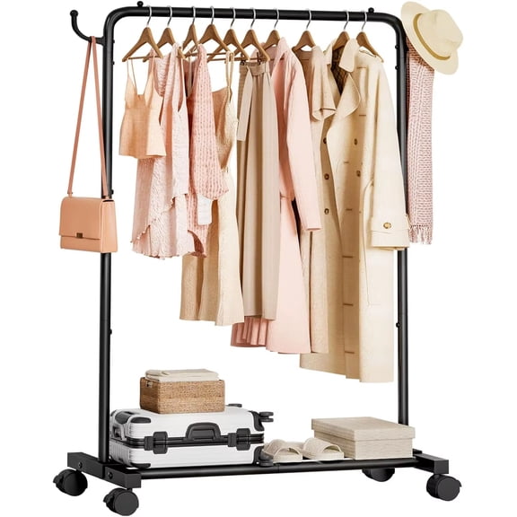 Portable Rolling Clothes Rack with Hooks, Freestanding Metal Garment Rack with Wheels for Bedroom & Laundry Room
