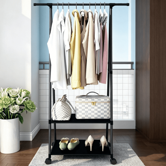 Feirrmimo Portable Rolling Clothes Rack with Wheels 2-Tier Triangle Coat Hanging Garment Laundry Rack for Home Office Dorm Storage Organization Black