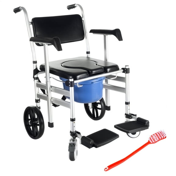 Portable Rolling Commode - Foldable Shower Chair with Removable Toilet Riser, Armrests & Wheels, Bathroom Safety Seat for Adults with Mobility Issues