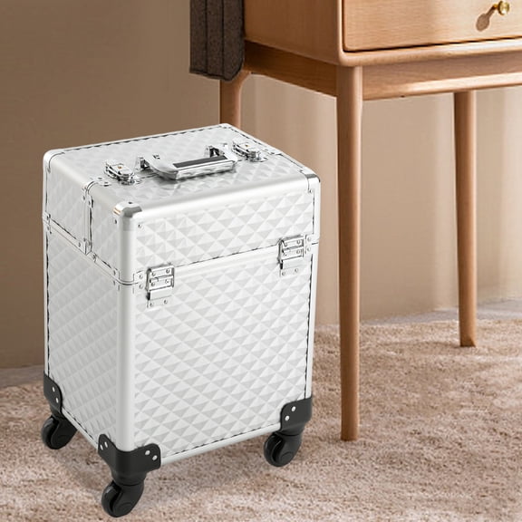 Portable Rolling Cosmetic Storage Case, 13.39*9.45*16.14in Size, 8.8lbs Net Weight. Includes 2 Keys for Storing Lipstick, Eyeshadow, Curling Iron & Beauty Tools