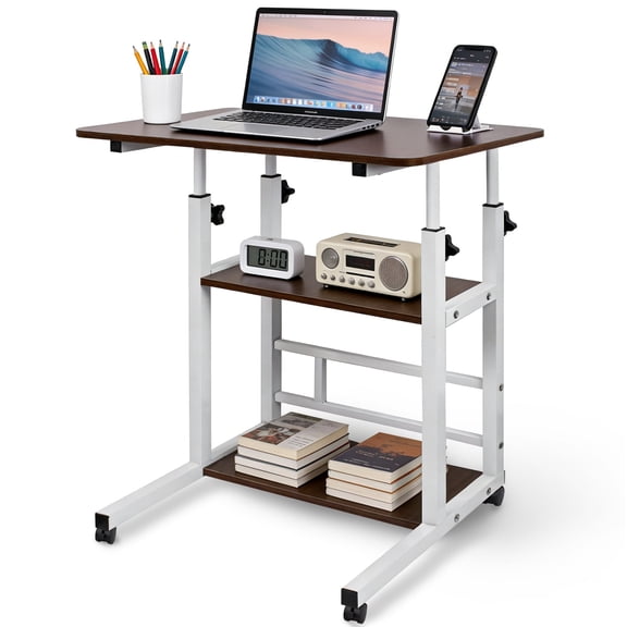 Portable Rolling Desk on Wheels Adjustable Height Desk for Small Spaces 32 Inch Computer Desk Drafting Table with Storage Shelves for Home Office Rustic