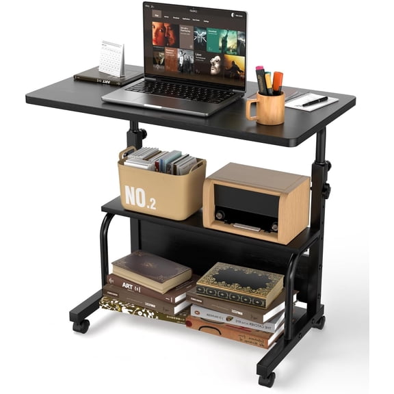 Portable Rolling Desk on Wheels Adjustable Height Desks for Small Spaces, 32" Computer Desk Drafting Tables with Storage Shelves for Home Office Black