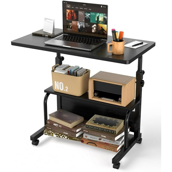 Portable Rolling Desk on Wheels Adjustable Height Desks for Small Spaces, 32" Computer Desk Drafting Tables with Storage Shelves for Home Office Rustic