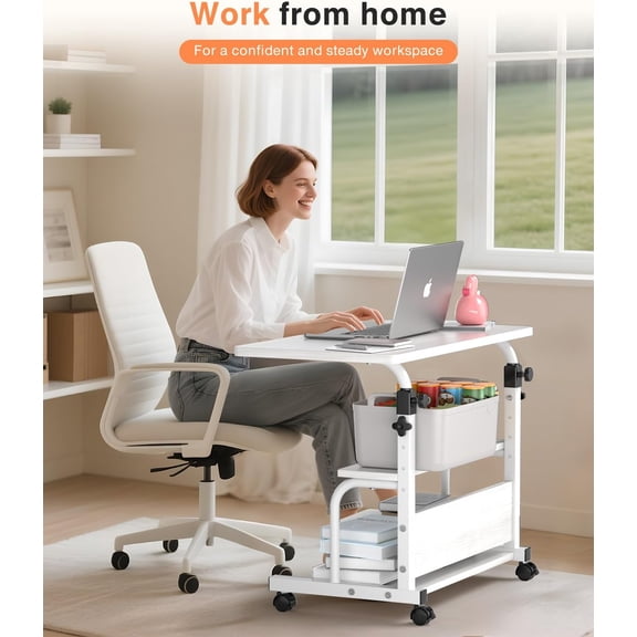 Adjustable Height Portable Rolling Desk on Wheels for Small Spaces, 32" Computer Desk Drafting Tables with Storage Shelves for Home Office, Rustic