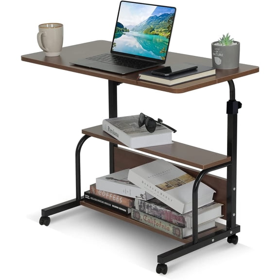 Portable Rolling Desk on Wheels Small Standing Desk Adjustable Height Desks with Wheels for Small Spaces, 32" Computer Desk with Storage Shelves for Home Office Study Brown