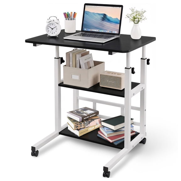 Portable Rolling Desk on Wheels Adjustable Height Desk for Small Spaces 32 Inch Computer Desk with Storage Shelves for Home Office Study Black