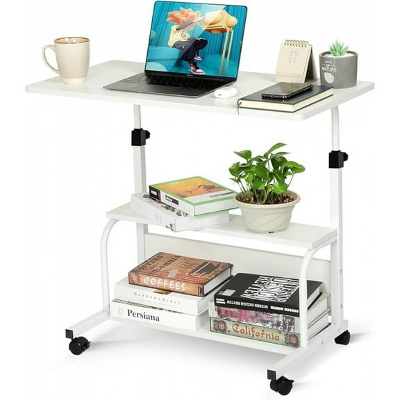 Portable Rolling Desk on Wheels Adjustable Height Desks for Small Spaces, 32" Computer Desk with Storage Shelves for Home Office Black