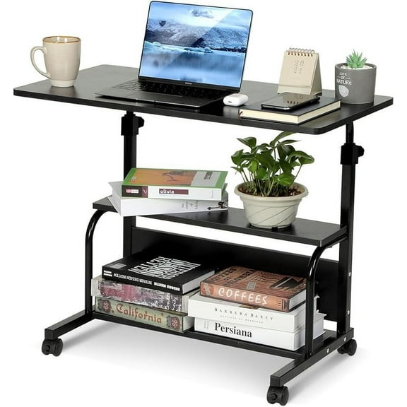Portable Rolling Desk on Wheels Adjustable Height Desks for Small Spaces, 32" Computer Desk with Storage Shelves for Home Office Black