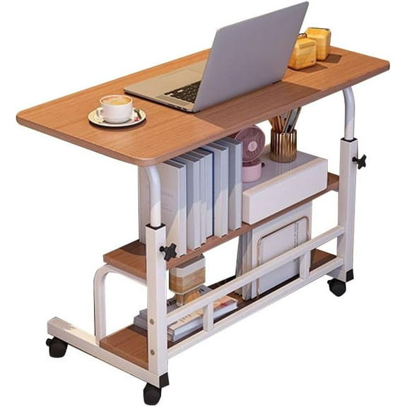 Portable Rolling Desk on Wheels Adjustable Height Mobile Computer Desk for Small Space Small Standing Desk with Storage Shelves for Home Office Study