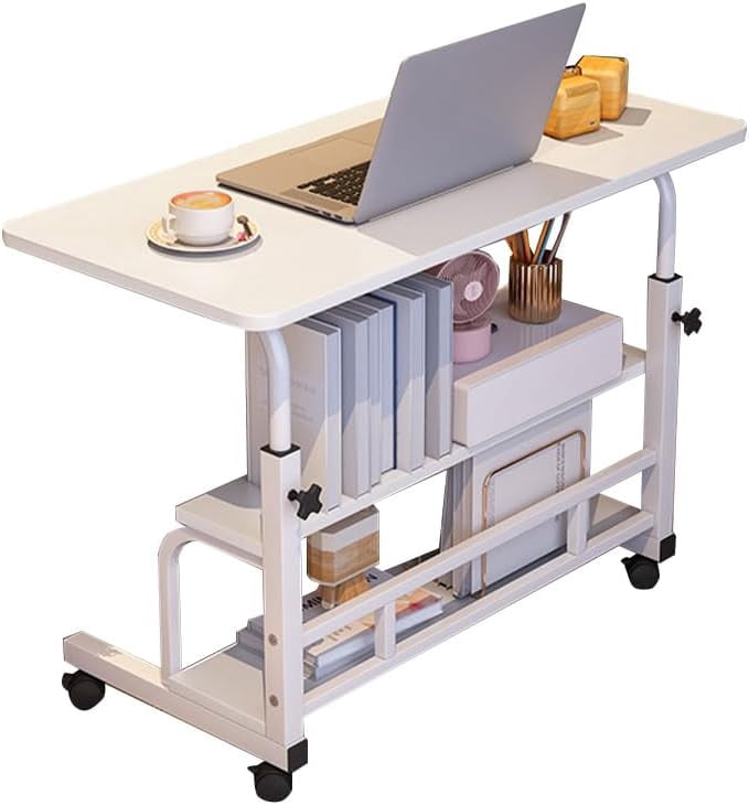 Portable Rolling Desk on Wheels Adjustable Height Mobile Computer Desk for Small Space Small Standing Desk with Storage Shelves for Home Office Study