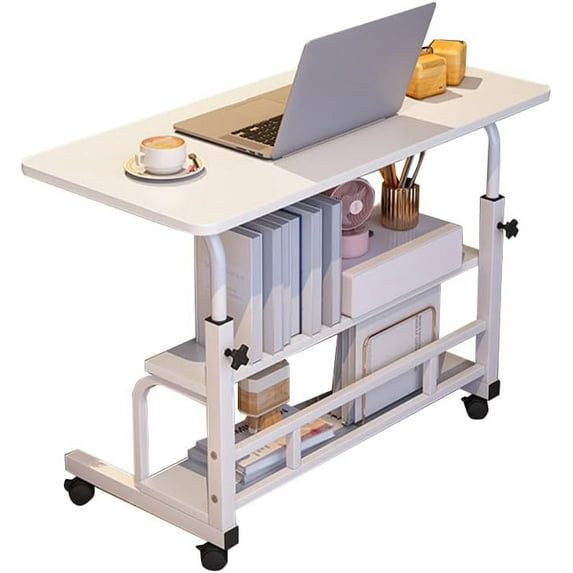 Portable Rolling Desk on Wheels Adjustable Height Mobile Computer Desk for Small Space Small Standing Desk with Storage Shelves for Home Office Study