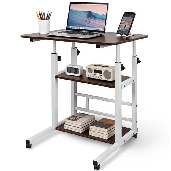 Portable Rolling Drafting Desk 32", Height Adjustable Mobile Computer Desk with Storage Shelves for Home Office, Rustic
