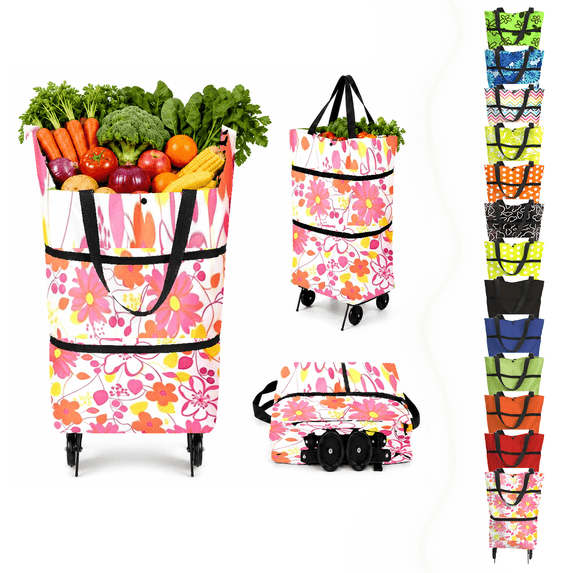 Portable Rolling Grocery Shopping Bag, Foldable Wheeled Market Tote with Zipper Pockets, Waterproof Utility Cart for Supermarket Vegetable Runs, Collapsible Errand Cart with Wheels for Home, Style C