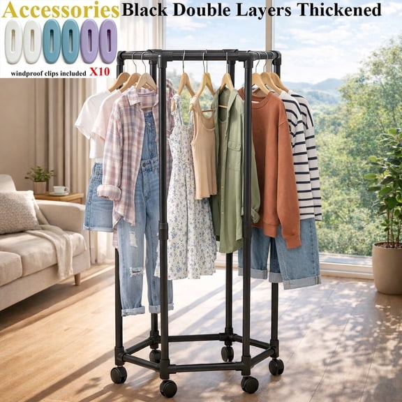 Portable Rolling Hexagon Drying Rack with High-Capacity Storage - Sturdy Metal Floor Stand, Multi-Bar & 10 Clips | Easy-Move Wheels for Bedroom, Balcony, Dorm | Holds Numerous Garments, Drying Racks