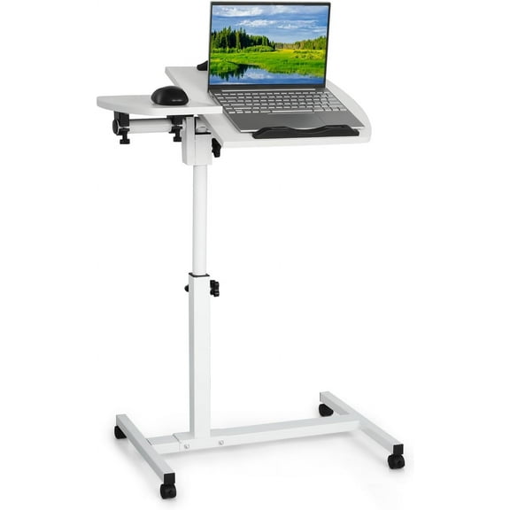 Portable Rolling Laptop Desk, Mobile Small Standing Desk, Tilting Design, 360° Rotatable Overbed Panel, Adjustable Height, Ideal for Home Office & School Use, White