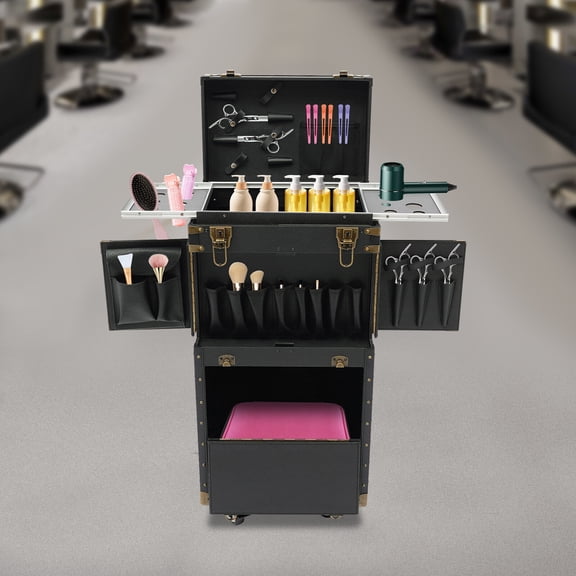 Portable Rolling Makeup Case, Hairdressing Tool Organizer Box with Wheels for Salon Black