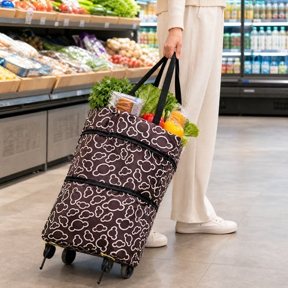Portable Rolling Shopping Cart with Wheels Foldable Grocery Tote Floral Print Expandable Market Bag Daily Errands