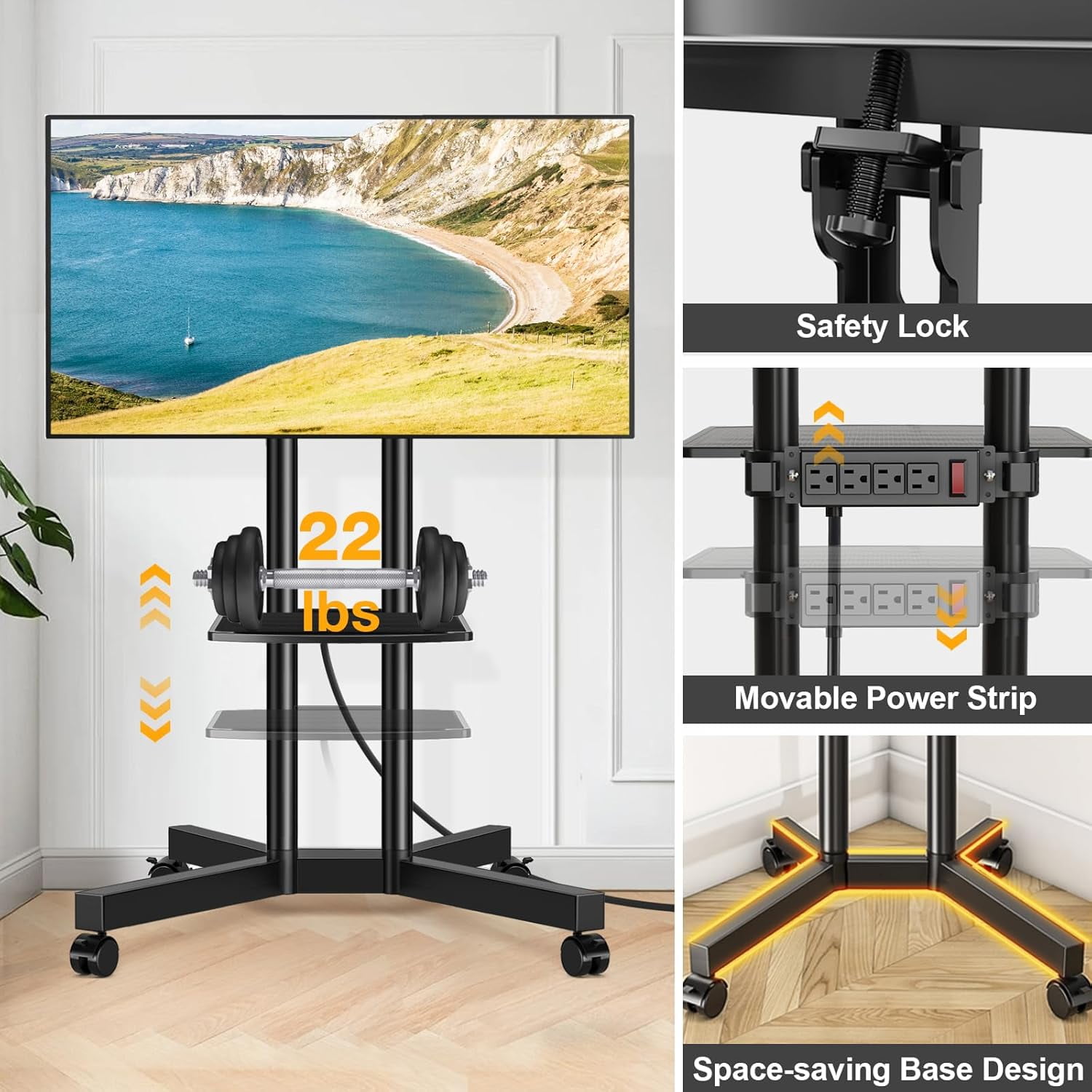 Portable Rolling TV Stand with Power Outlet for 32–75 Inch TVs, Height Adjustable Mobile TV Cart on Wheels, Fits Flat & Curved LCD, LED, OLED Screens, Supports up to 88 lbs, VESA 400x400