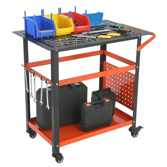 Portable Rolling Welding Table 36''x 24"Welding Table Top,Steel Welding Workbench with Pegboard,5/8-inch Holes,4 Tool Slots,Storage,1200LB Welding Cart for Shop