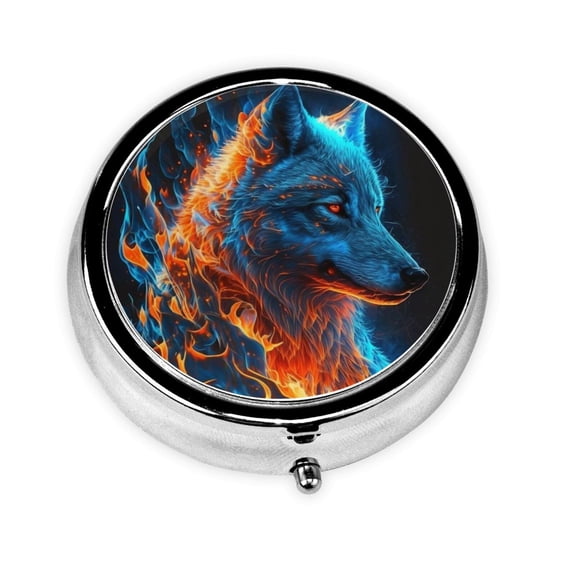 Portable Round Metal Pill Box, 3-Compartment Mini Pocket Pill Case for Travel Daily Use, Blue Fire Flaming Wolf Cool
