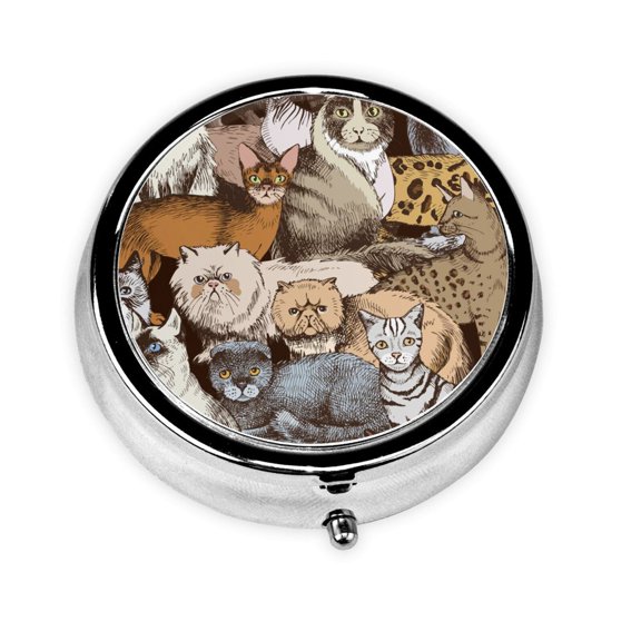 Portable Round Metal Pill Box, 3-Compartment Mini Pocket Pill Case for Travel Daily Use, Cats Cartoon Cute