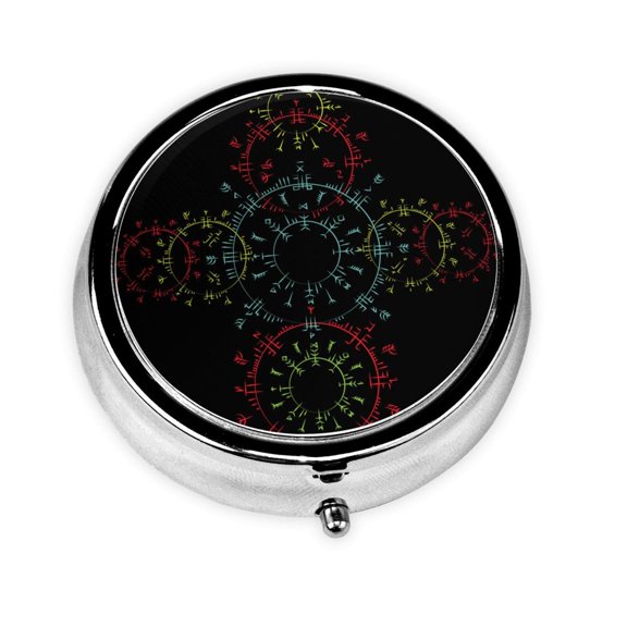 Portable Round Metal Pill Box, 3-Compartment Mini Pocket Pill Case for Travel Daily Use, Circle Runes Symbol Scandinavian