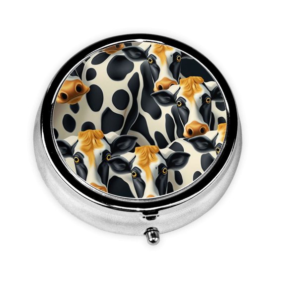 Portable Round Metal Pill Box, 3-Compartment Mini Pocket Pill Case for Travel Daily Use, Cow Cool Print