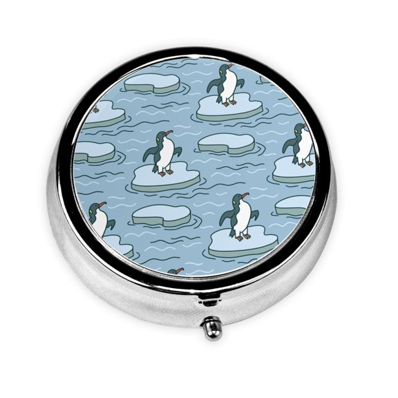 Portable Round Metal Pill Box, 3-Compartment Mini Pocket Pill Case for Travel Daily Use, Cute Penguin Cartoon Ice