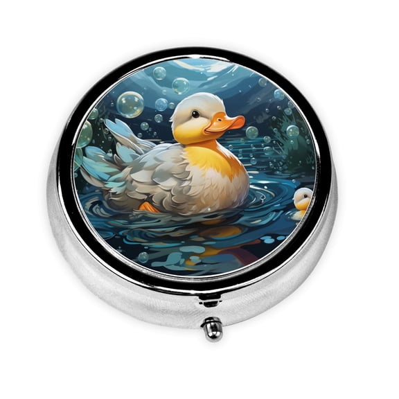Portable Round Metal Pill Box, 3-Compartment Mini Pocket Pill Case for Travel Daily Use, Duck Bubbles Cartoon