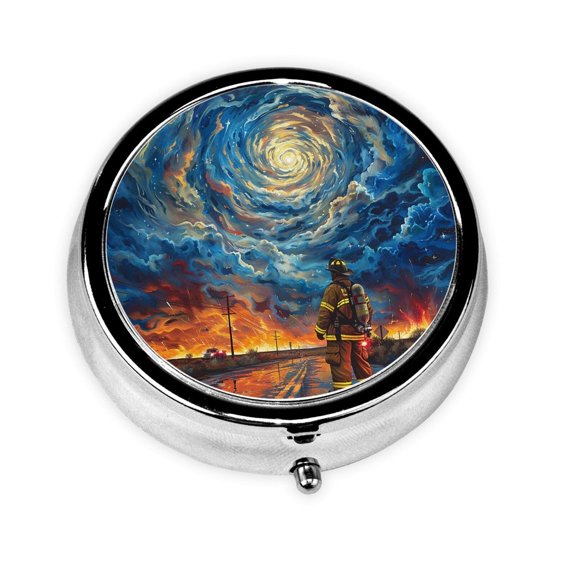 Portable Round Metal Pill Box, 3-Compartment Mini Pocket Pill Case for Travel Daily Use, Firefighter Cartoon Sky Art