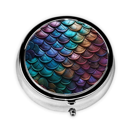 Portable Round Metal Pill Box, 3-Compartment Mini Pocket Pill Case for Travel Daily Use, Fish Scale Art Mermaid Scales