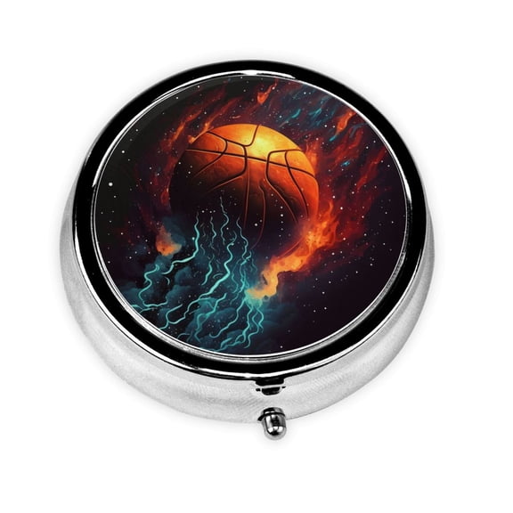Portable Round Metal Pill Box, 3-Compartment Mini Pocket Pill Case for Travel Daily Use, Flaming Basketball Fire Cool