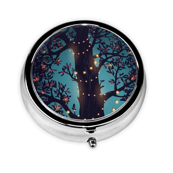 Portable Round Metal Pill Box, 3-Compartment Mini Pocket Pill Case for Travel Daily Use, Magical Lights On The Tree