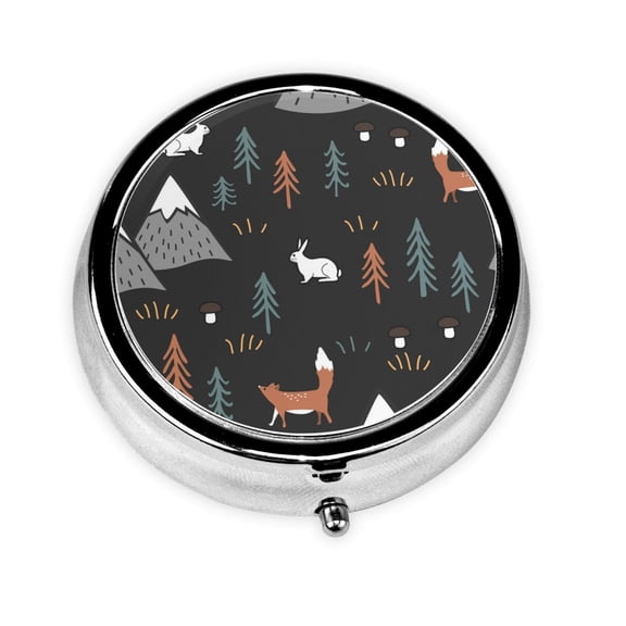 Portable Round Metal Pill Box, 3-Compartment Mini Pocket Pill Case for Travel Daily Use, Mountain Rabbit Cartoon Hares Fox