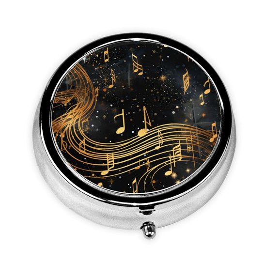 Portable Round Metal Pill Box, 3-Compartment Mini Pocket Pill Case for Travel Daily Use, Musical Notes With Piano Starry Golden