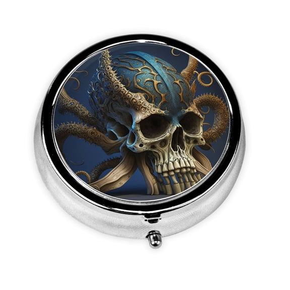 Portable Round Metal Pill Box, 3-Compartment Mini Pocket Pill Case for Travel Daily Use, Octopus Kraken Skull Cool